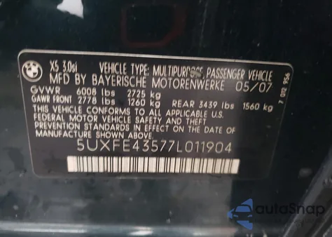 2007 BMW X5 3.0I из США, поврежденный, VIN 5UXFE43577L011904